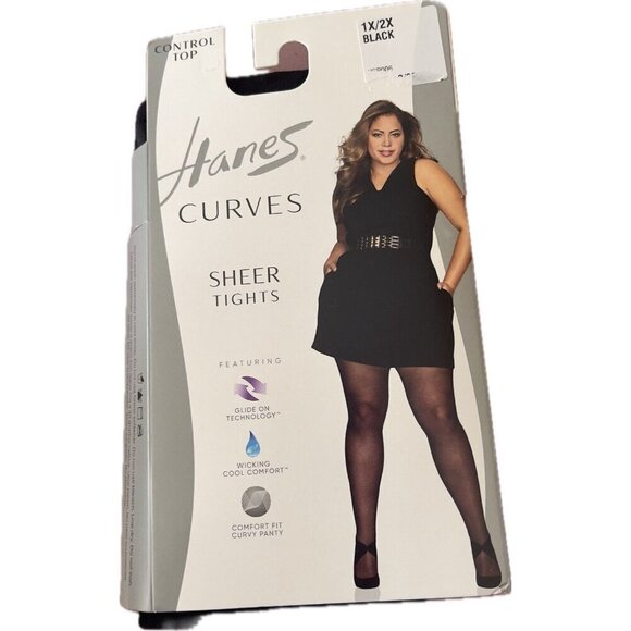 Hanes Curves 1X/ 2X Black Sheer Control Top Glide On Technology Wicking Tights - Picture 2 of 3